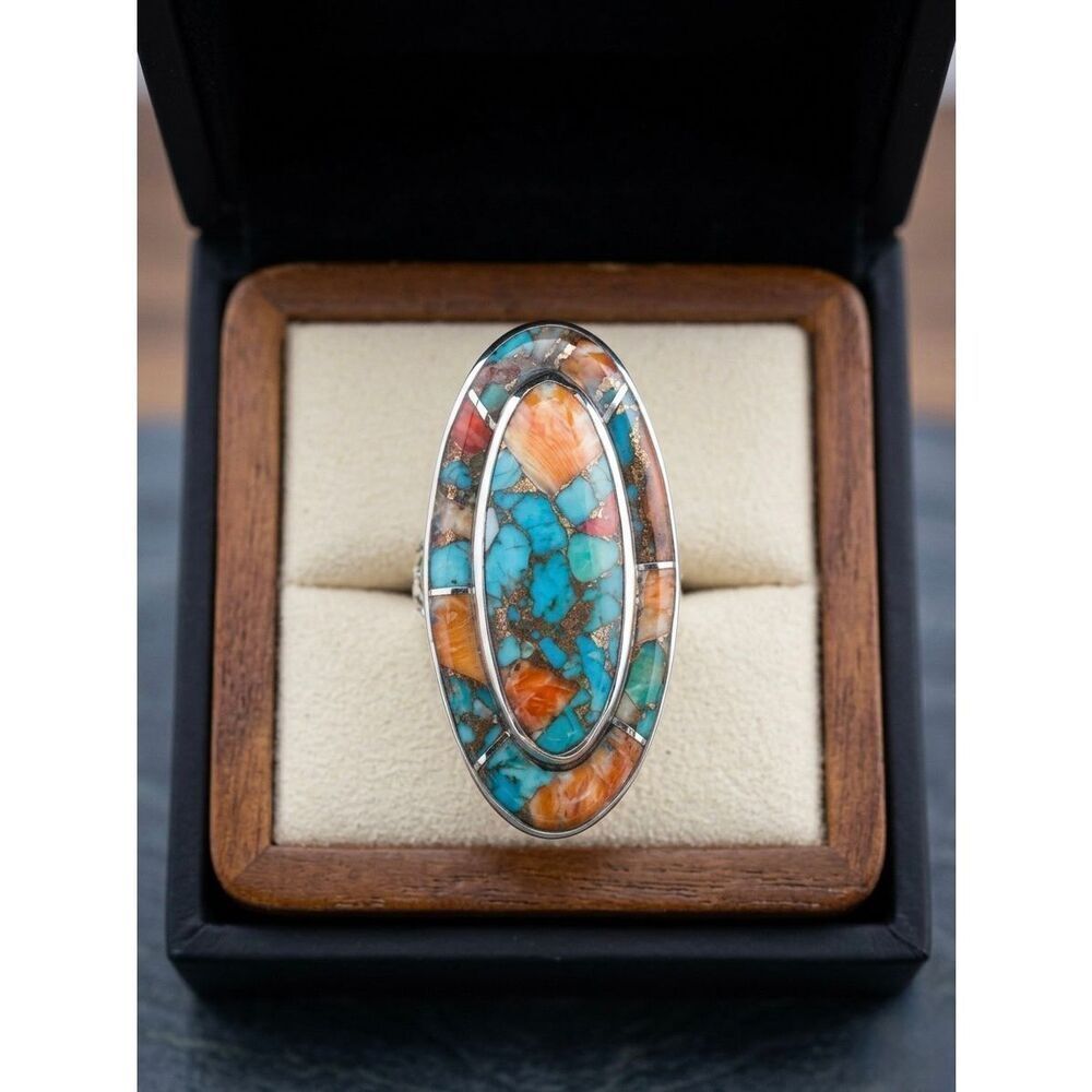 Stunning Southwestern Sterling Silver Spiny Turquoise Oval Statement Ring Size 6
